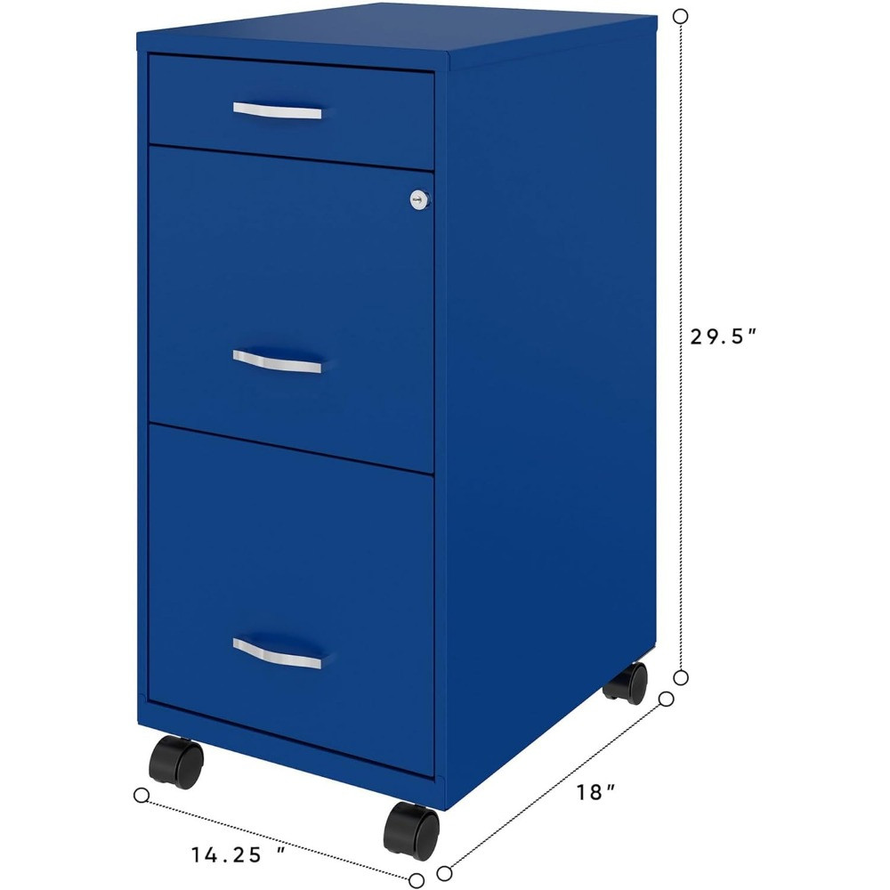 Dimensions of blue filing cabinet with three drawers and wheels